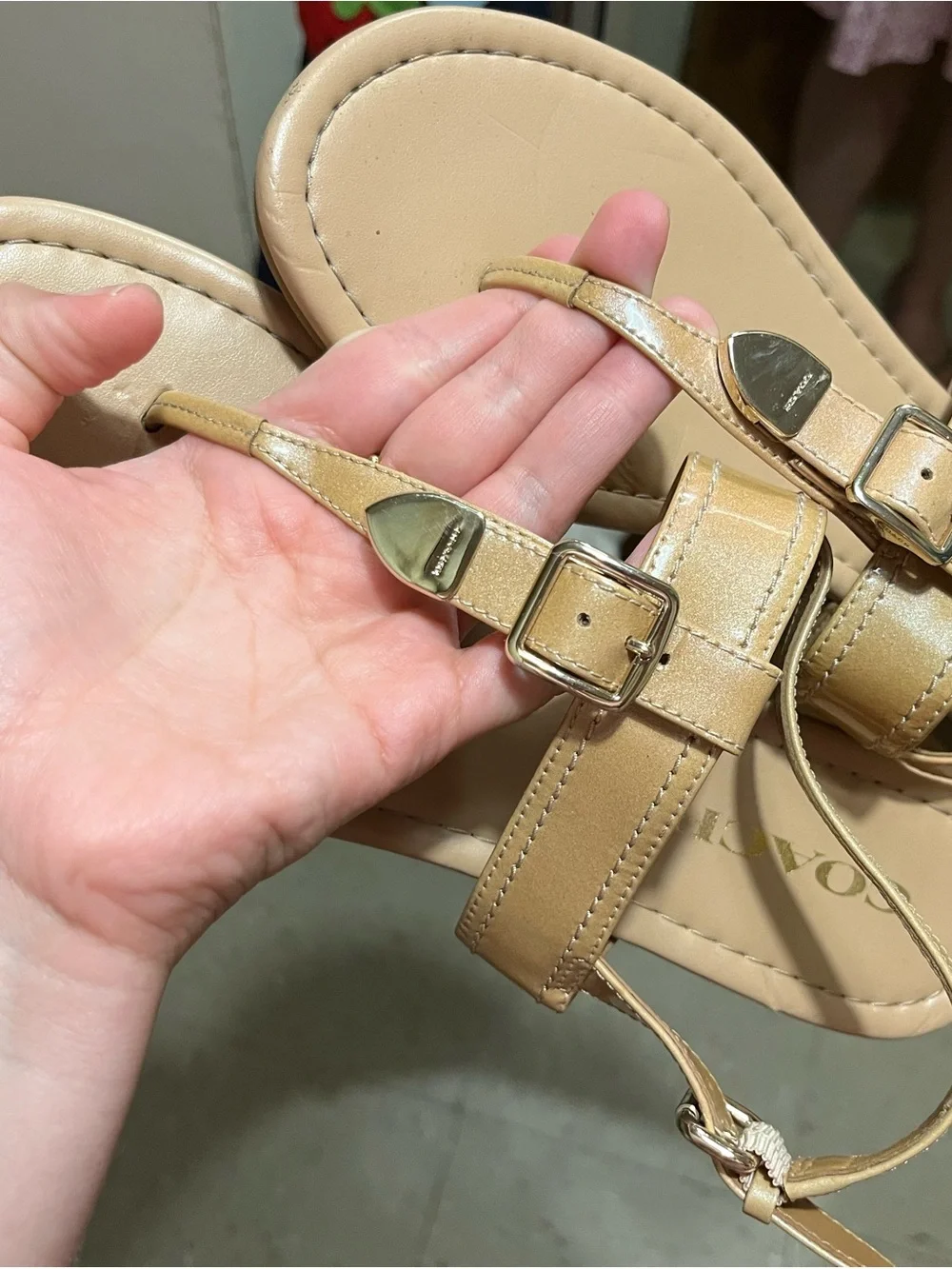 Coach Tan Leather Buckle Thong Sandals with Gold Accents